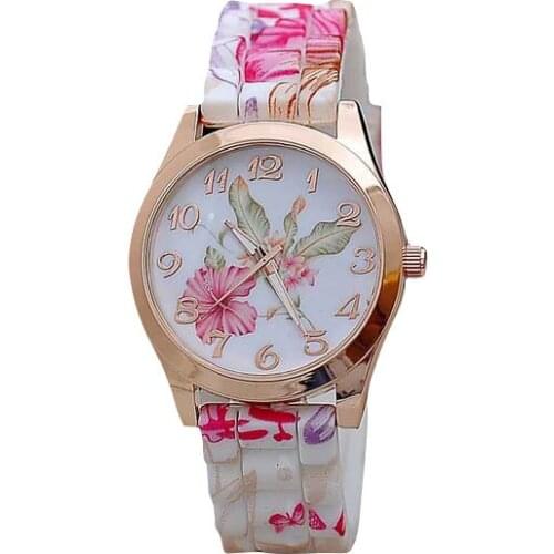 Retro Pastoral Pattern Women Watches Girl Watch Silicone Printed Flower Causal Quartz Wristwatches Pink Montre Femme