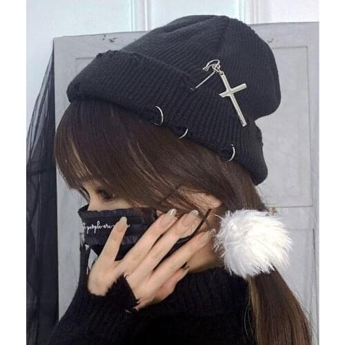Ruibbit New Arrival Hot Girl Knitted Hat Japanese Gothic Girl Punk Harajuku Woman Casual Caps Fashion Black Hats