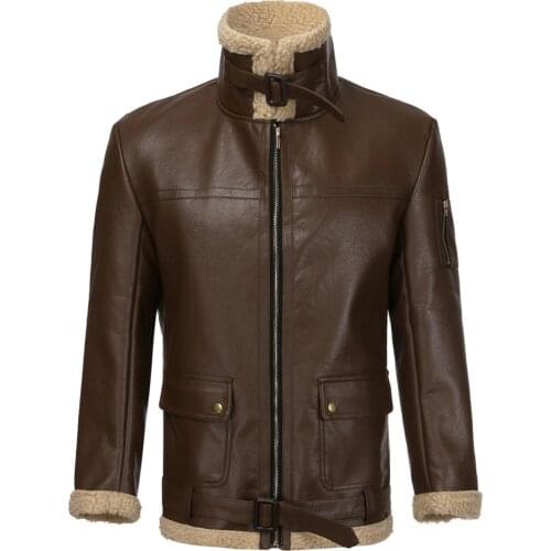 Vintage Men Winter Faux Leather Plush Liner Coat Buckle Motorcycle Short Jacket