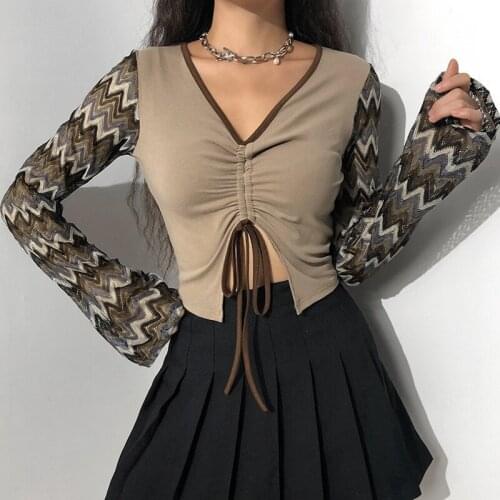 Shirring V Neck Long Sleeve T Shirt Sexy Bodycon Fashion Lace Up T Shirt Summer 2021 Open Navel Party Patchwork Women T Shirt