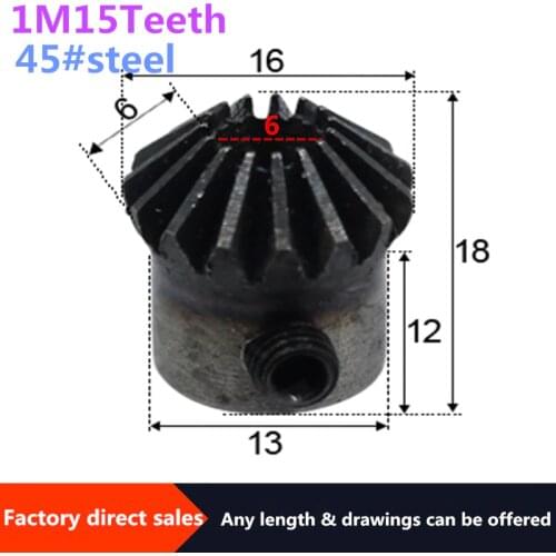 1pc Bevel Gear 1M 15Teeth inner hole 6 mm gear 90 degrees meshing angle Steel Gears Screw Hole M5