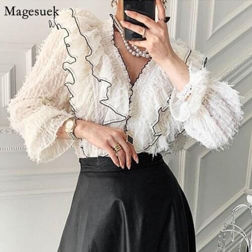 Spring Korean Chic Tassel White Womens Blouse Long Sleeve V Neck Elegant Female Shirts Fashion Office Laies Tops Blusas 12902