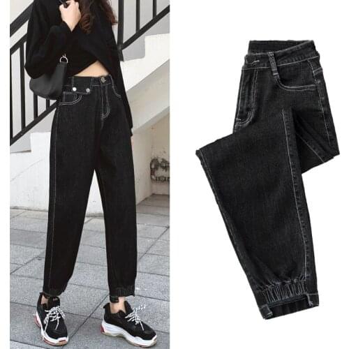 New European Greyish Black Denim Pants Daddy Radish Pants Elastic Waist Harlan Retro Slim Female Summer and Autumn Tide