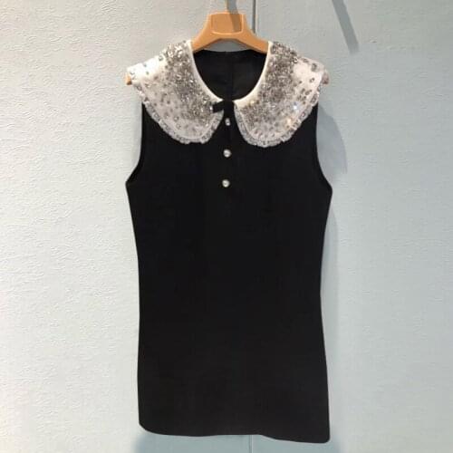 French style summer Rhinestone vest women elegant peter pan collar slim a-line party dress