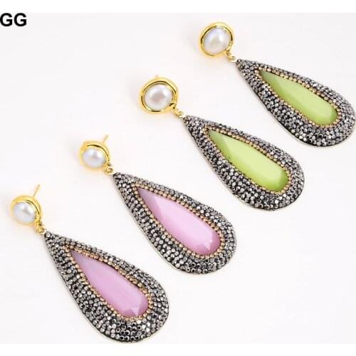 GuaiGuai Jewelry Natural Green Pink Cat Eye Yellow Gold Color Plated White Pearl Stud Earrings For Women