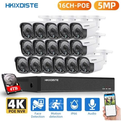 HKIXDISTE 4K 16CH POE NVR 5MP H.265+ System Audio POE CCTV Security NVR Kit Outdoor Waterproof IP Camera 5MP Surveillance kit