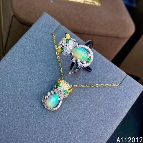 KJJEAXCMY fine jewelry natural opal 925 sterling silver elegant cat girl new pendant necklace chain ring suit support test