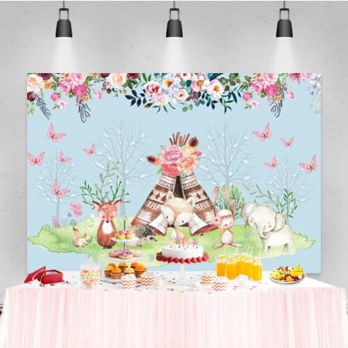 Laeacco Baby Birthday Cartoon Animal Fox Rabbit Flower Photo Photography Background Photographic Backdrop For Photo Studio