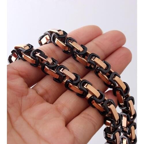 Trendy Style Mens Necklace 8mm Wide Charming Rose Gold Black Color Stainless Steel Byzantine Box Chain Vintage Jewelry