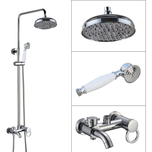 Silver Chrome Brass Wall Mounted 8" Rain Bathroom Rainfall Shower Faucet Set with Hand Spray Shower Head Tub Mixer Tap 2cy332