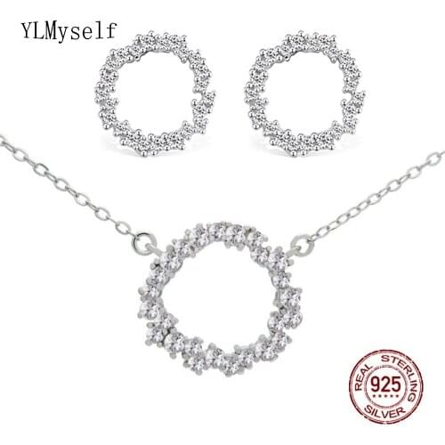 Real 925 Silver Necklace & Earrings Set Setting Shiny Cubic Zircon Circle Round Design Luxury 2pcs Fine Jewelry for Women
