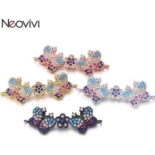 Neovivi Double Butterflies Charm with little Flower Charms for Jewelry Making Cubic Zirconia Beads Connector Girl Bracelet DIY