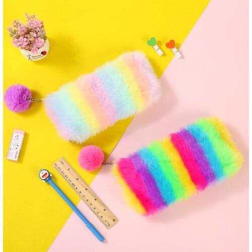 2019 New Rainbow Color Plush Pencil Case Student Large Capacity Stationery Storage Bag Lady Plush Sequin Pen Bag School Supplies