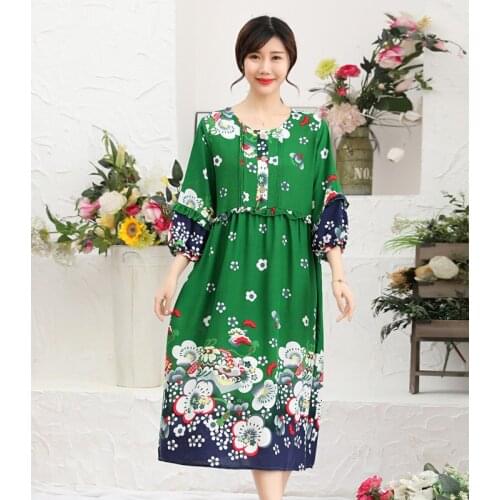 New Women Summer Vintage Loose Print Dresses Ladies Indie Folk Round Neck Dress Large Size Female Vestidos Brand Women Clothing