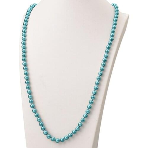 Wholesale Manual Diy Long Pearls Necklace 8mm Round Blue Imitation Pearls Shell Charm Necklace 36inch For Elegant Ladies H867