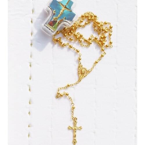 Packed In Cross Box 4mm Golden Rosary Bead Necklace Cross Crucifix Pendant Necklace Catholic Fashion Religious Jewelry