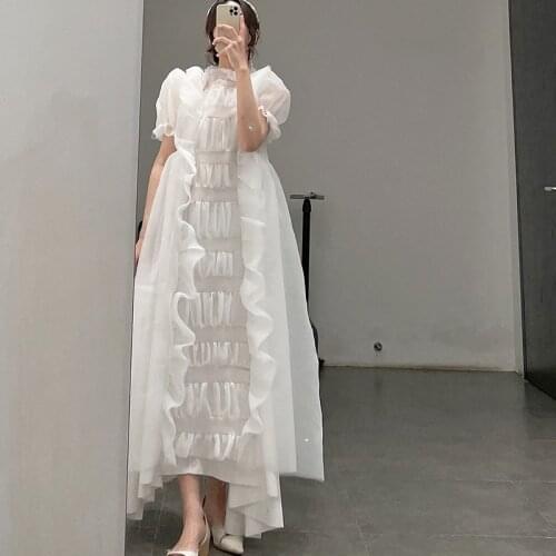 Holiday Sweet White Retro Perspective To Send Inner Maxi Dress Female Summer Elegant Women Puff Sleeve Loose Party Clothes 2021