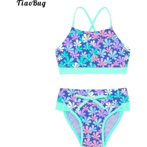 TiaoBug 3 To 14 Years Kids Girls 2Pcs Summer Swimsuit Swimwear Geometric Pattern Floral Print Bathing Suit Bikini Set