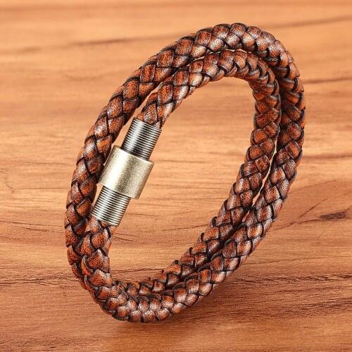 TYO Stainless Steel Mens Bracelets Jewelry Classic Metal Clasp Multilayer Braided Leather Bracelets Brown Color