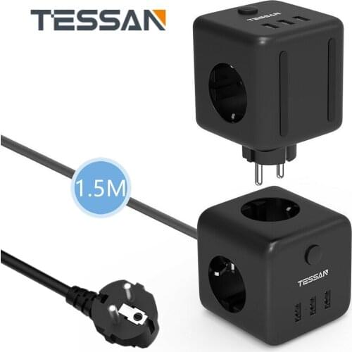 TESSAN EU Plug Extension Socket Power Strip Cube with 3 AC Outlets 3 USB Charging Ports 1.5M/5ft Cable Overload Protector Switch
