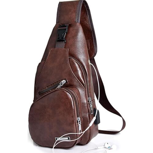 USB Mens Leather Chest Bag Single Shoulder Pack Portable Charging Outdoor Leisure Sports Crossbody Bags Fanny Packs Black Brown