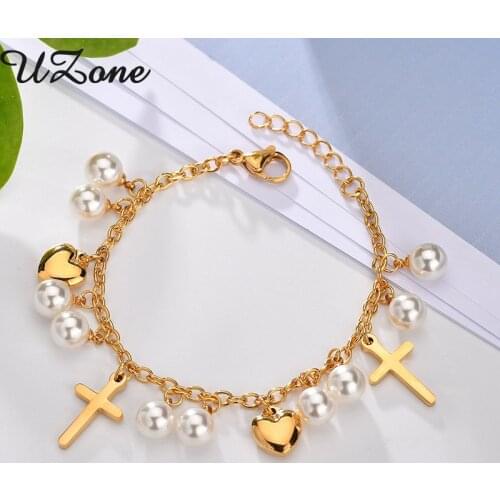 UZone Fashion Cross Christian Imitation Pearl Bracelets Stainless Steel Heart Chain For Women Jewelry