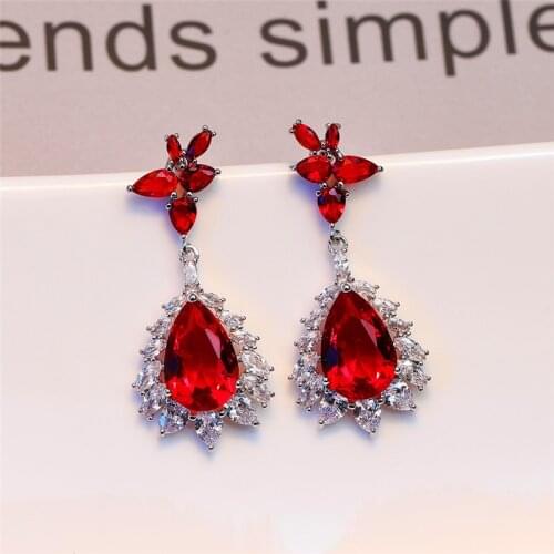Vintage Female Red Crystal Drop Earrings Rose Gold Silver Color Dangle Earring Cute Rainbow Geometric Wedding Earrings For Women
