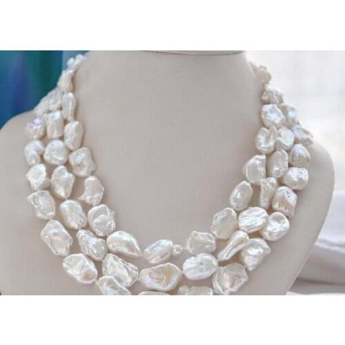 3strands 15mm BAROQUE white KESHI REBORN PEARL NECKLACE mabe clasp
