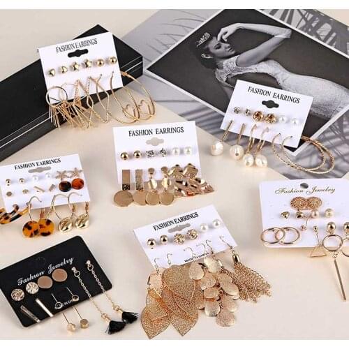 2020 New Fashion Tassel Crystal Beads Stud Earrings Set For Women Bohemian Geometric Earrings Pearl Flower Big Earring Jewelry