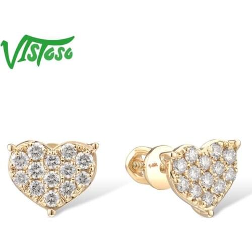 VISTOSO 14K 585 Yellow Gold Earrings For Women Sparkling Diamond Classic Heart Shape Stud Earrings Fashion Trendy Fine Jewelry