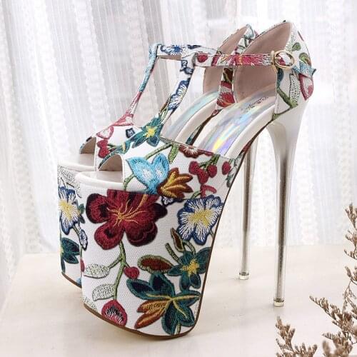 Womens Peep Toe Platform Embroidery Floral Stilettos 20CM High Heel Sandals Shoes Sexy Party Plus Size New 2021