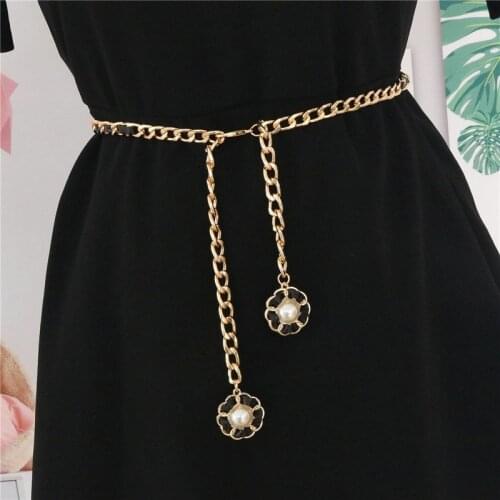 Womens Pearl Metal Thin Waist Belts Luxury Brand Harajuku Slim Chain Belt Dress Accessories Cinturon Mujer