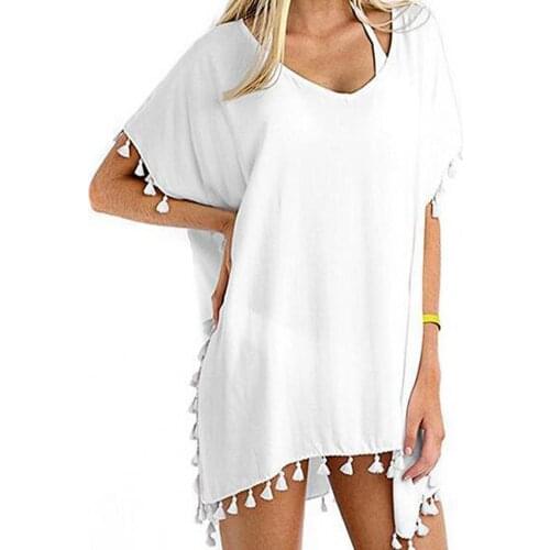 Swimsuit Cover Up Solid Color Tassel Women Square V Neck Short Sleeve Beach Dress Beachwear Sunscreen Shirt WHite/ Black