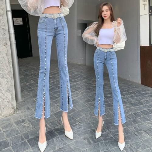 Women 2021 Spring New Fashion Embroidered Flares Jeans Female High Waist Split Trousers Ladies Slim Denim Flare Pants P127