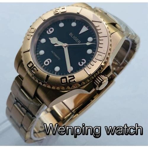 Bliger 40mm Rose Gold Case Stainless Steel Bezel Sapphire Glass Date Luminous Waterproof Mens Automatic Watch Luxury Gift