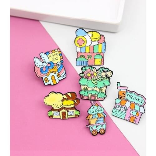 Flower house shop Enamel Brooch milk tea Drinks haircut scissors Ice cream truck bakery bread hospital Lapel Pin badge