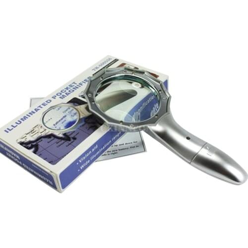 DHL 100PCS 4X Handheld Illuminated Lighted Pocket Reading Magnifying Magnifier Glass Loupe With 6 LED Light (Color: Silver)