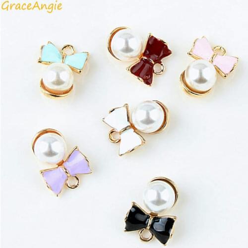 GraceAngie 10pcs Enamel Alloy Bow Knot With Pearl Charms For Women Necklace Bracelet Pendants Jewelry Making Findings 15*19mm