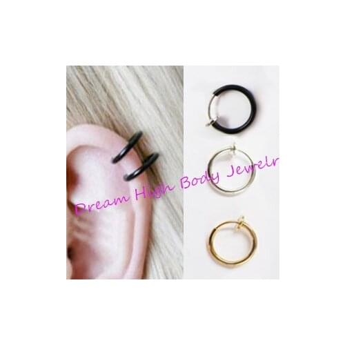 Fake Nose Ring Piercing Clip On Lip Hoop Rings Earrings Steel Black Ear Stud Body Jewelry For Girl Women Punk Round No Hole