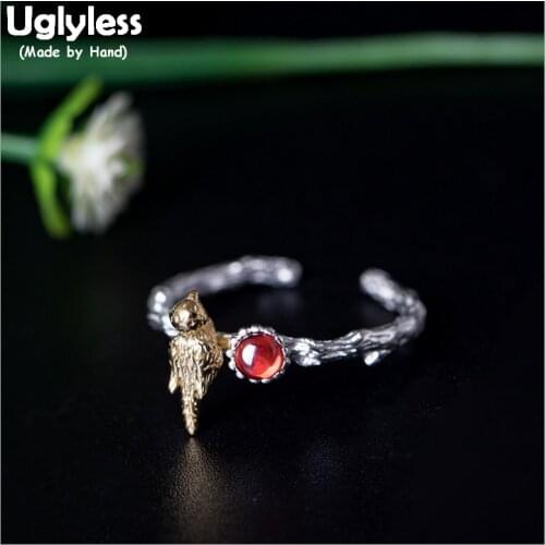 Uglyless Real Solid 925 Sterling Silver Handmade Vivid Bird Rings for Women Lovely Birds Open Rings Zircon Branch Fine Jewelry