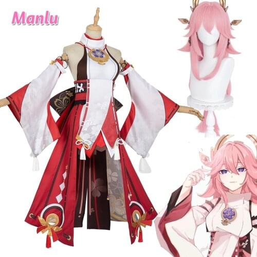 Yae Guuji Cosplay Genshin Impact Costume Wigs Dress Party Outfit Uniform Women Halloween Carnival Costumes