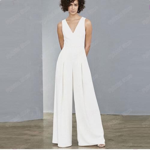Simple A-Line Pant Suit Wedding Dresses Jumpsuit V Neck Chiffon Bridal Gowns Sleeveless Illusion Back Vestido De Novia Custom