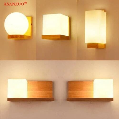 Square Solid Wood Wall lamps Glass lampshade Wall Lamp for Living Room Aisle Decoration Light Fixture E27