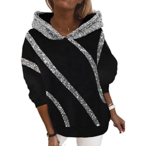 2021 Hot Sale New Autumn And Winter European And American Womens Sequin Decoration Loose Hooded Long-Sleeved Sweater Top