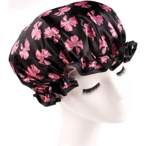Hot Sale Women Waterproof Shower Bath Cap With Pot Flower Design Black Butterfly With Pink Dot Bathroom Shower Supplies