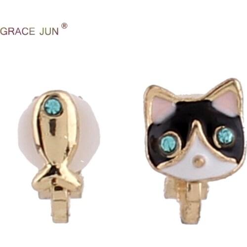 GRACE JUN Cute Small Cat Fish Blue Eyes Rhinestone Enamel Animal Clip on Earrings for Kids Party Birthday Needn't Ear Hole Ears