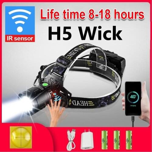 600000LM IR Sensor Headlamp Powerful Led Headlamp 18650 Rechargeable Head Flashlight Usb Head Lantern Fishing Lamp Life 18 Hours