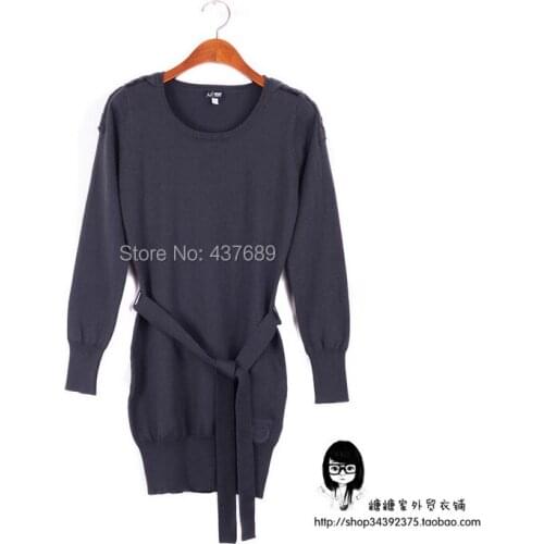 New women Autumn winter high quality comfortable soft wool blended Solid color O-Neck sweater belt sweaters