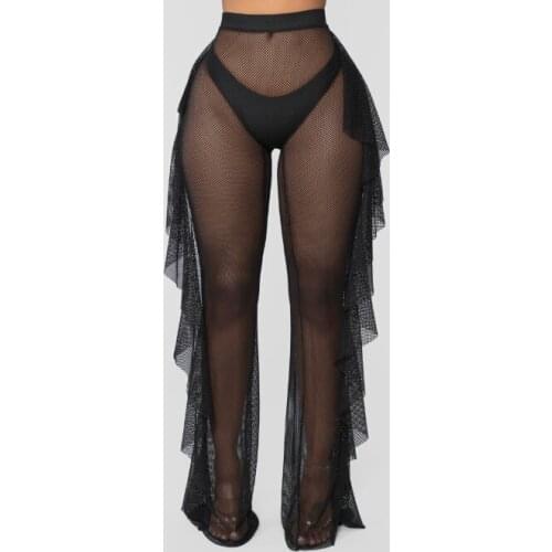 Sexy Women Mesh Sheer Lingerie Pants Babydoll Solid Perspective Ruffle Long Trousers Ladies Exotic Underwear Sleepwear