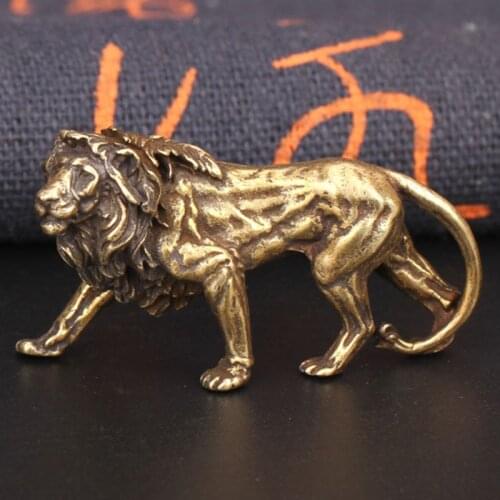 Retro Brass Lion King Miniatures Figurines Desktop Ornaments Pure Copper Statue Metal Crafts Home Decorations Keychain Pendants